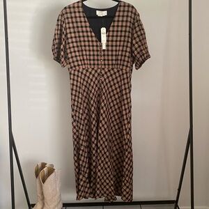 Anthropologie Navy and Coral Plaid Dress